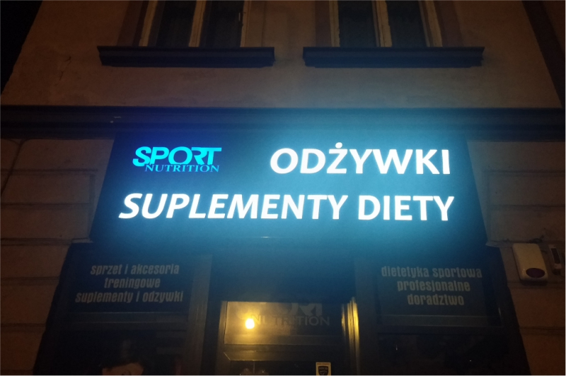 Reklama świetlna - kaseton z podświetleniem LED dla firmy Sport Nutrition Nowy Sącz